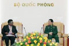 Đại tướng, Bộ trưởng Quốc phòng Phan Văn Giang tiếp Quyền Tổng Thư ký Quốc phòng Nam Phi, bà Thobekile Gamede. (Ảnh: Trọng Đức/TTXVN)