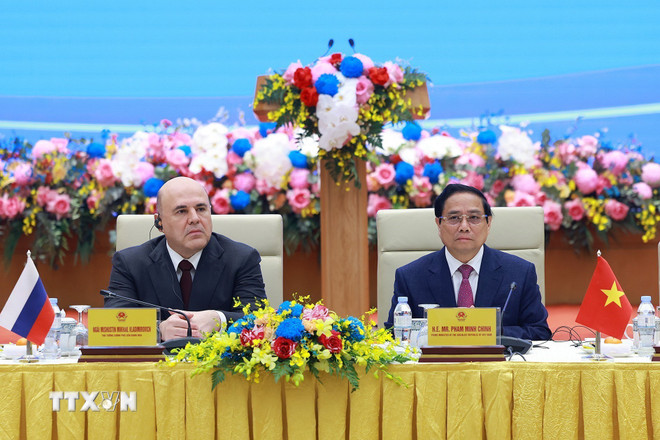 Thủ tướng Phạm Minh Chính và Thủ tướng Nga Mikhail Vladimirovich Mishustin đối thoại với doanh nghiệp cấp cao Việt Nam-Liên bang Nga. (Ảnh: Dương Giang/TTXVN) ttxvn-thu-tuong-viet-nga-doanh-nghiep-cap-cao-4.jpg