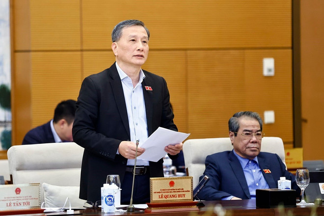 Chủ nhiệm Ủy ban Khoa học, Công nghệ Môi trường của Quốc hội Lê Quang Huy trình bày tóm tắt báo cáo thẩm tra. (Ảnh: Doãn Tấn/TTXVN) le-quang-huy-resize.jpg