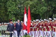 Tổng Bí thư Tô Lâm và Tổng thống Cộng hòa Indonesia, Chủ tịch Đảng Phong trào Indonesia vĩ đại (Gerindra) Prabowo Subianto duyệt đội danh dự. (Ảnh: Thống Nhất/TTXVN)