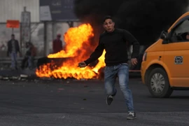 Người biểu tình Palestine ném đá vào binh sỹ Israel tại thành phố Nablus, khu Bờ Tây ngày 10/12. (Nguồn: THX/TTXVN)