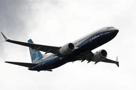 Máy bay Boeing 737 Max bay trình diễn tại Triển lãm hàng không Farnborough, phía Tây thủ đô London, Anh. (Nguồn: AFP/TTXVN) 