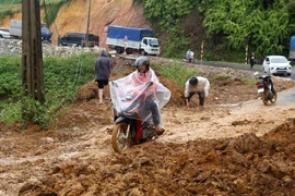 Mưa lớn làm sạt lở trên Quốc lộ 4D đoạn qua phường Hàm Rồng, thị xã Sa Pa gây khó khăn cho các phương tiện lưu thông. (Ảnh: Quốc Khánh/TTXVN)