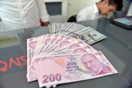 Đồng Lira của Thổ Nhĩ Kỳ và đồng USD tại một cửa hàng đổi tiền ở Ankara. (Ảnh: THX/TTXVN)