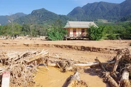 Cây cối nằm ngổn ngang, đất đá bồi lấp tạo nên cảnh tan hoang sau trận lũ quét, cô lập hoàn toàn xã Hướng Việt. (Ảnh: TTXVN phát)