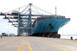 Tàu container "siêu khủng" Margrethe Maersk cập cảng CMIT thành công. (Ảnh: Đoàn Mạnh Dương/TTXVN)