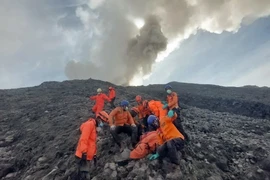 Lực lượng cứu hộ Indonesia chuyển nạn nhân khỏi hiện trường núi lửa Marapi phun trào ở Agam, Tây Sumatra. (Ảnh: AFP/TTXVN)