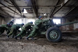 Lực lượng ly khai chuyển súng chống tăng MT-12 Rapira vào nhà kho ở Zelene, vùng Donetsk ngày 28/10. (Ảnh: AFP/TTXVN)